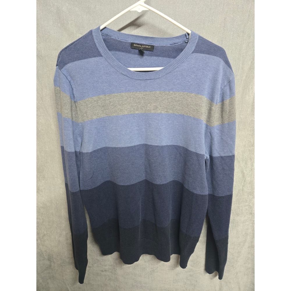 Banana Republic Mens Blue Grey Striped Long Sleeve Crew Neck Knit Sweater Medium